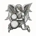 A blackwork design of an angel holding a globe, symbolizing peace and unity tattoo design idea