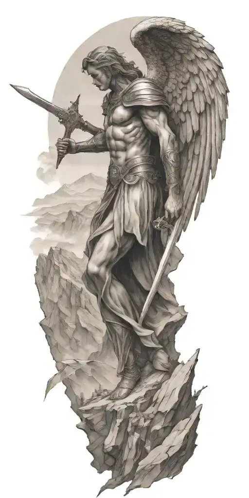 A warrior angel wielding a sword, standing atop a mountain peak, showcasing the client's interest in fallen angels and mountains tattoo design idea