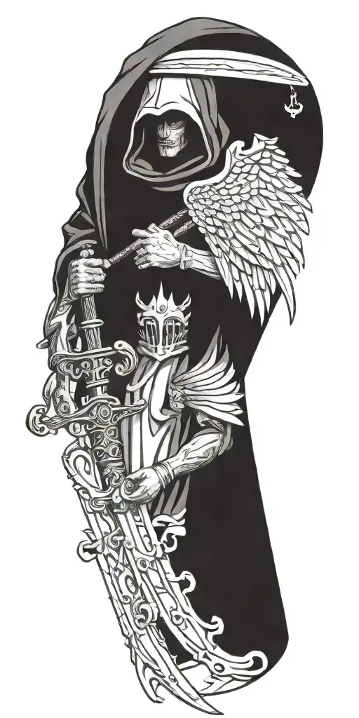 hooded angel holding a sword tattoo design idea