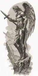 A warrior angel wielding a sword, standing atop a mountain peak, showcasing the client's interest in fallen angels and mountains tattoo design idea