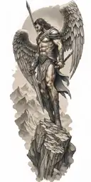 A warrior angel wielding a sword, standing atop a mountain peak, showcasing the client's interest in fallen angels and mountains tattoo design idea