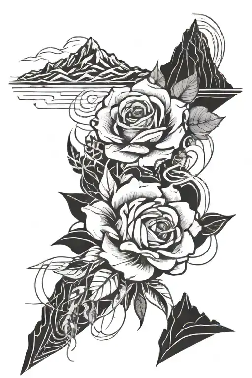 ocean, mountain, and desert landscapes with roses intertwined tattoo design idea