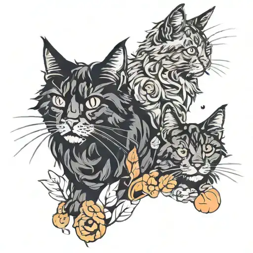 Black bombay with a black mainecoon and an orange tabby; 3 cats tattoo design idea