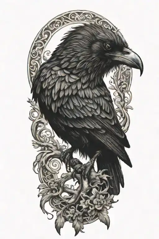 A majestic black crow perched on a twisted branch with intricate details in its feathers tattoo design idea