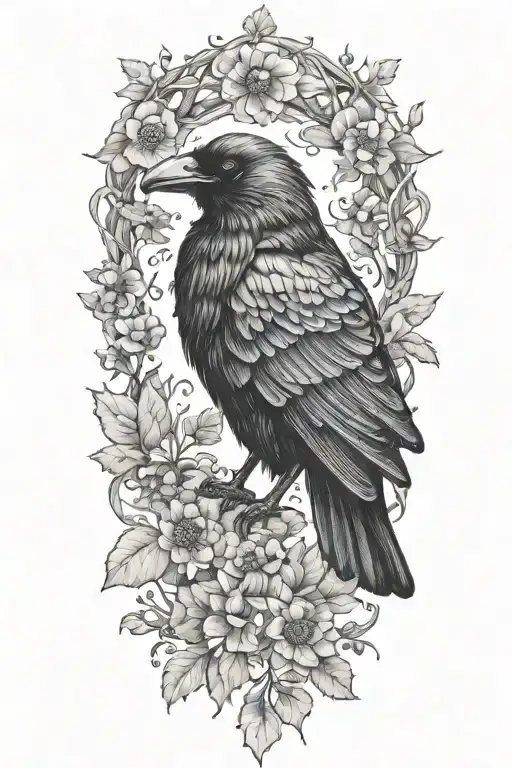 A detailed portrait of a majestic black crow surrounded by a wreath of oak tree branches, leaves, acorns, and blue cornflowers tattoo design idea