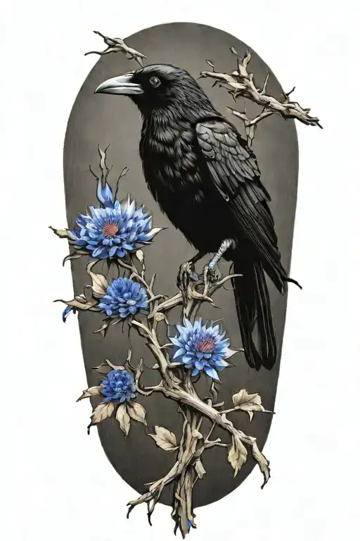 A surreal tattoo of a black crow holding a blue cornflower in its beak, perched on a twisted oak tree branch with acorns scattered around tattoo design idea
