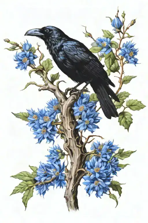 A realistic depiction of an oak tree branch with leaves and a black crow perched on top, with a blue cornflower in its beak tattoo design idea