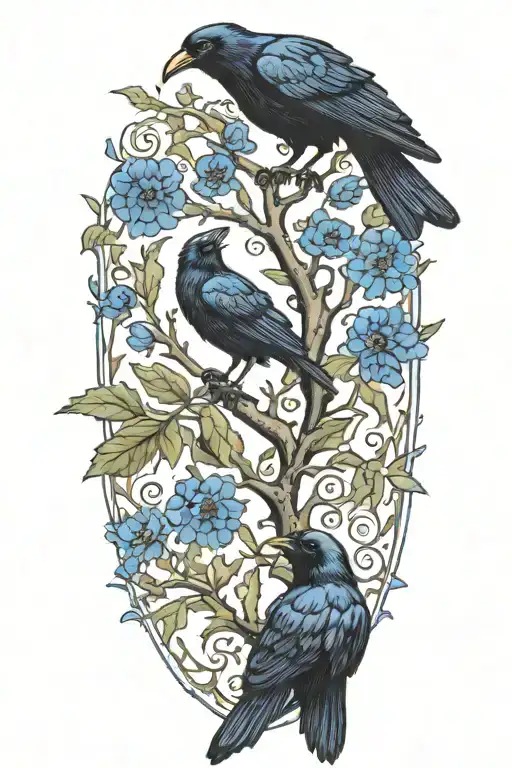 A surreal tattoo of a black crow holding a blue cornflower in its beak, perched on a twisted oak tree branch with acorns scattered around tattoo design idea