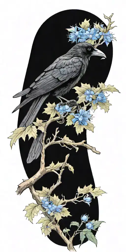 A realistic depiction of an oak tree branch with leaves and a black crow perched on top, with a blue cornflower in its beak tattoo design idea