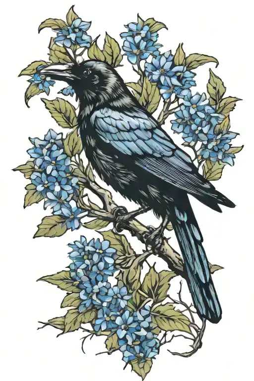 A traditional style tattoo of a black crow sitting on an oak tree branch surrounded by blue cornflowers tattoo design idea