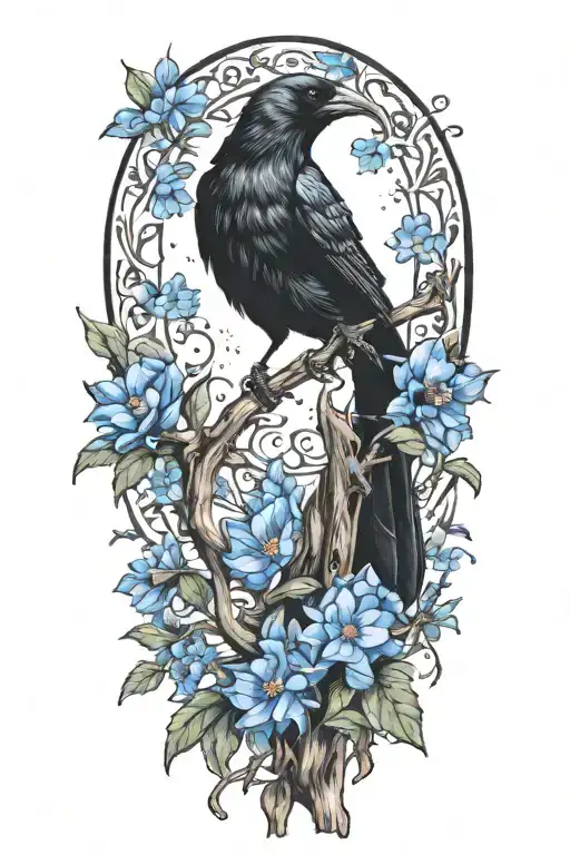 A traditional style tattoo of a black crow sitting on an oak tree branch surrounded by blue cornflowers tattoo design idea