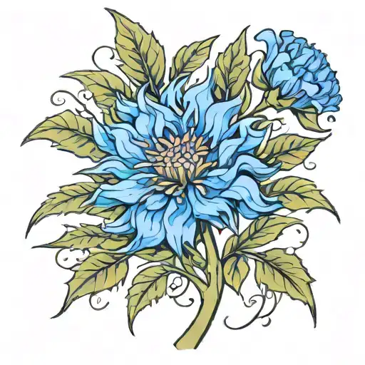 A new-school design featuring a blue cornflower blooming from the branches of an oak tree tattoo design idea