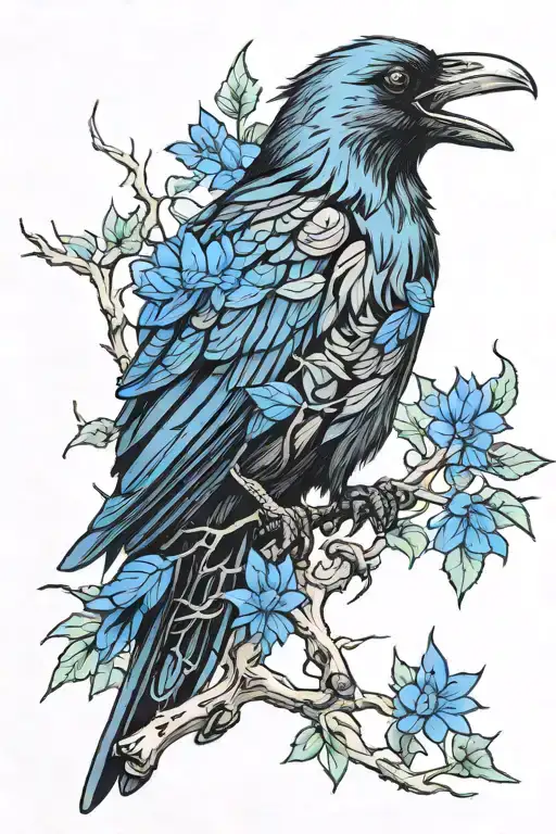 A new-school design of a black crow with a blue cornflower in its beak, surrounded by oak tree branches and leaves tattoo design idea