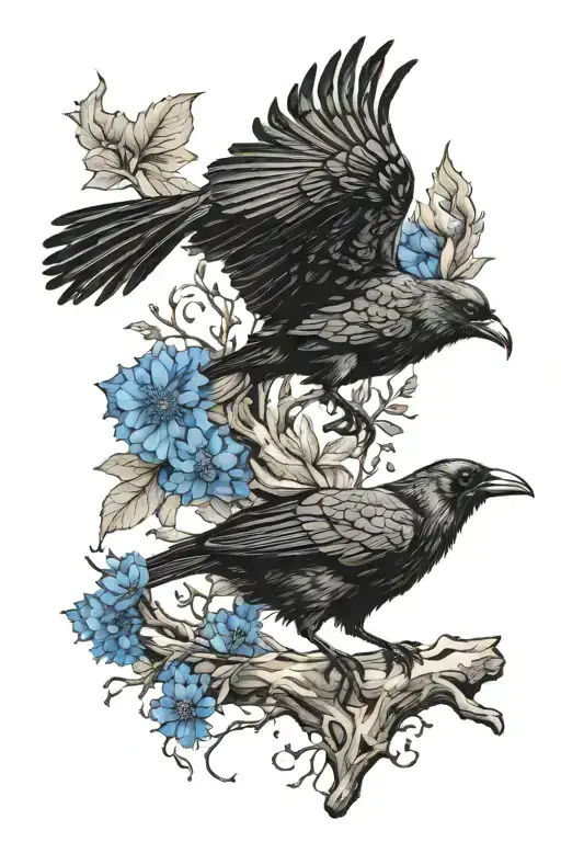A unique design combining elements of an oak tree branch, a black crow, and a blue cornflower in a harmonious composition tattoo design idea