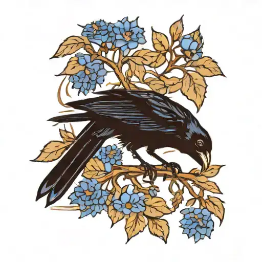 A traditional style tattoo of a black crow sitting on an oak tree branch surrounded by blue cornflowers tattoo design idea