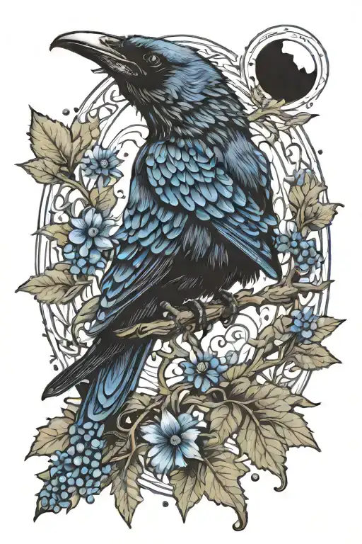 A unique design combining elements of an oak tree branch, a black crow, and a blue cornflower in a harmonious composition tattoo design idea