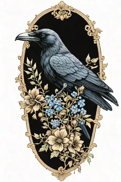 A detailed portrait of a majestic black crow surrounded by a wreath of oak tree branches, leaves, acorns, and blue cornflowers tattoo design idea