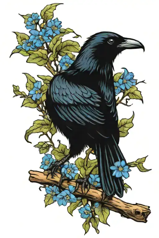 A traditional style tattoo of a black crow sitting on an oak tree branch surrounded by blue cornflowers tattoo design idea