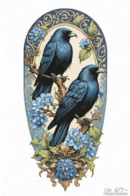 A unique design combining elements of an oak tree branch, a black crow, and a blue cornflower in a harmonious composition tattoo design idea