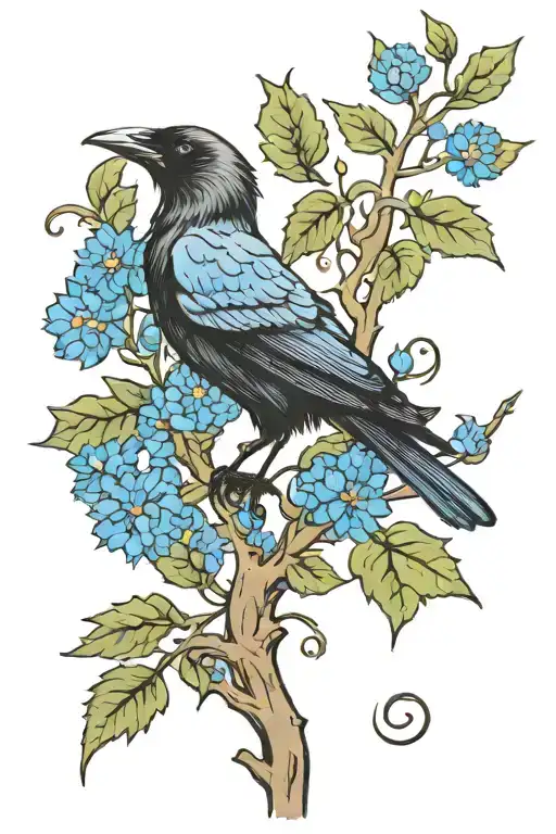 crow, oak tree and blue Cornflower flowers tattoo design idea