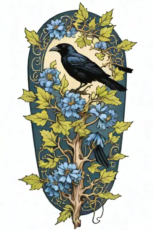A realistic depiction of an oak tree branch with leaves and a black crow perched on top, with a blue cornflower in its beak tattoo design idea