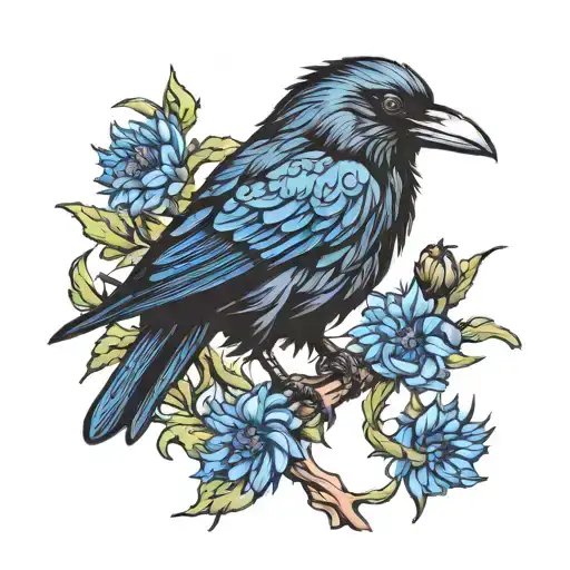 A black crow perched on a vibrant blue cornflower tattoo design idea