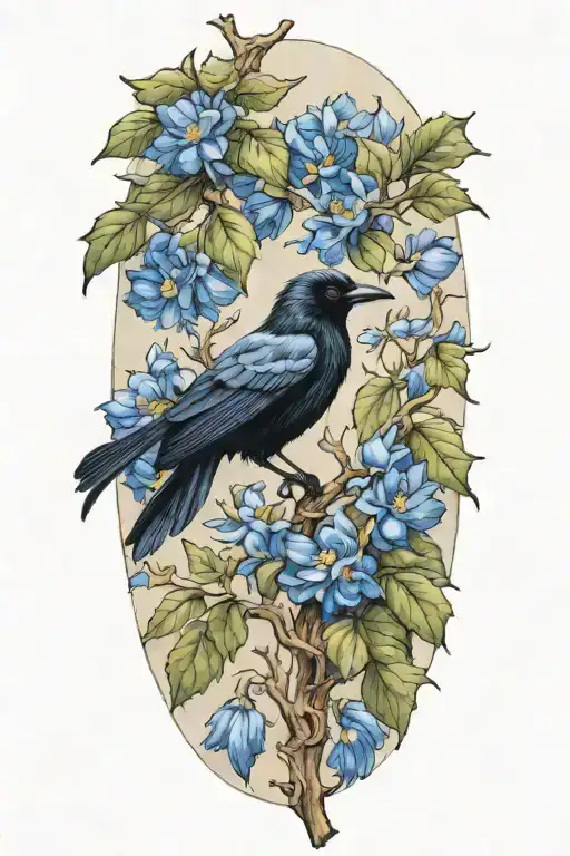 A unique design combining elements of an oak tree branch, a black crow, and a blue cornflower in a harmonious composition tattoo design idea