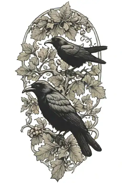 An oak tree branch with leaves and acorns intertwined with a black crow perched on top tattoo design idea