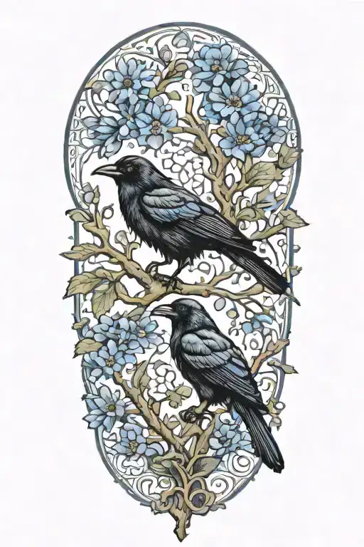 A unique design combining elements of an oak tree branch, a black crow, and a blue cornflower in a harmonious composition tattoo design idea