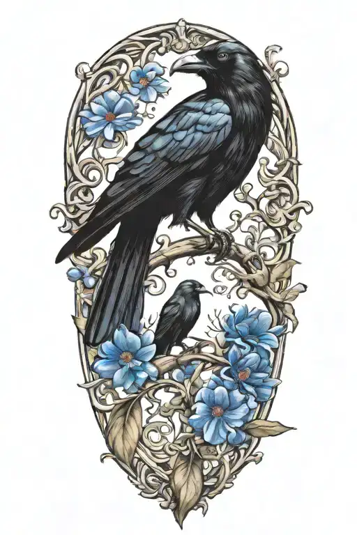 A unique design combining elements of an oak tree branch, a black crow, and a blue cornflower in a harmonious composition tattoo design idea