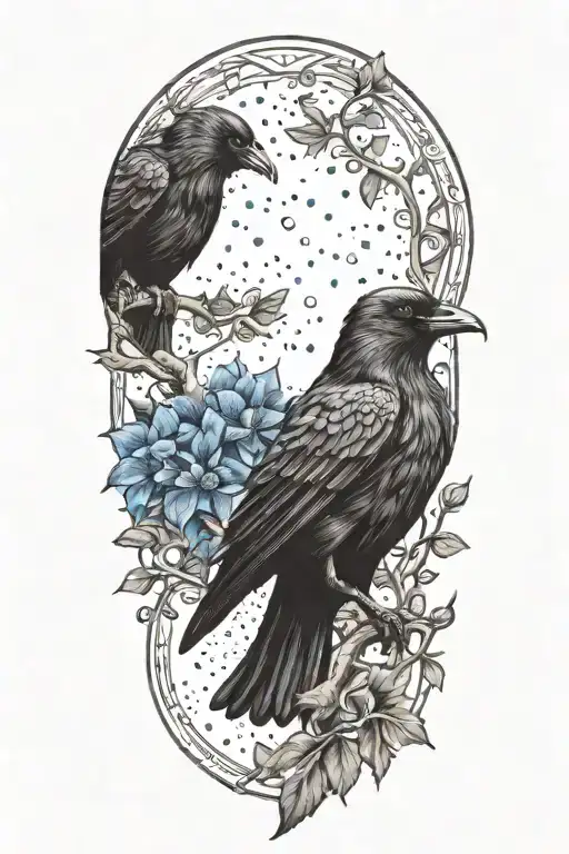 A unique design combining elements of an oak tree branch, a black crow, and a blue cornflower in a harmonious composition tattoo design idea