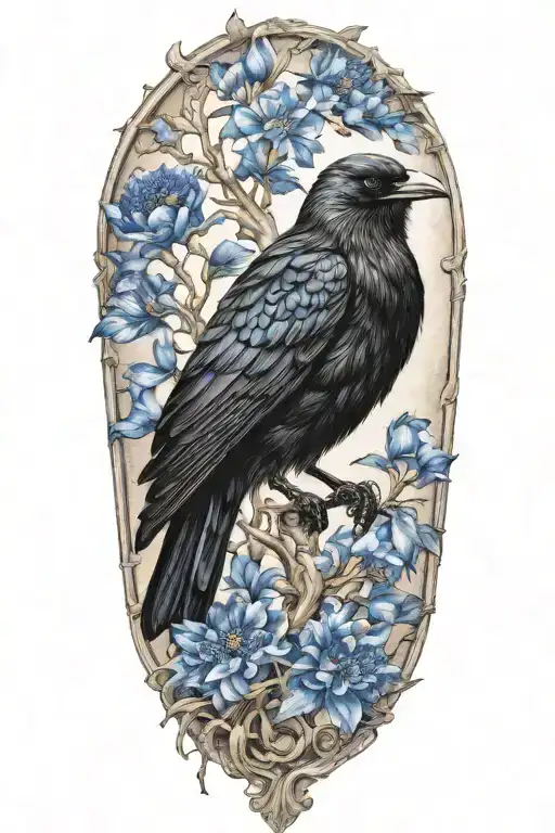A unique design combining elements of an oak tree branch, a black crow, and a blue cornflower in a harmonious composition tattoo design idea