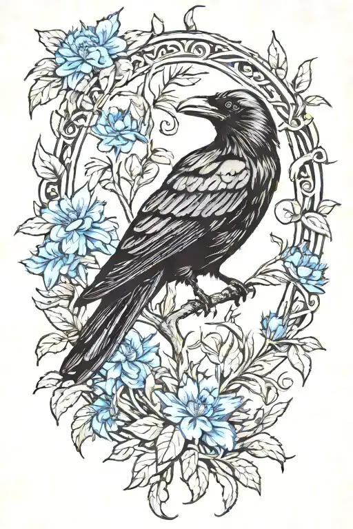 A traditional tattoo of a black crow holding a blue cornflower in its beak, with oak tree branches framing the scene tattoo design idea