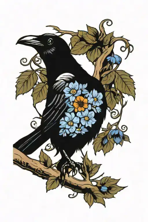 A traditional style tattoo of a black crow sitting on an oak tree branch surrounded by blue cornflowers tattoo design idea