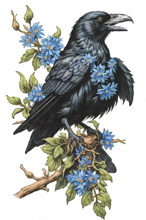 A realistic tattoo of a black crow holding a blue cornflower in its beak while perched on an oak tree branch tattoo design idea