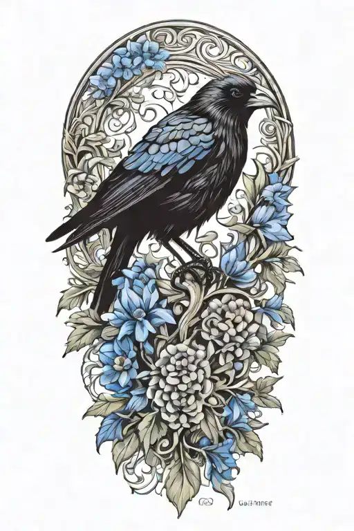 A unique design combining elements of an oak tree branch, a black crow, and a blue cornflower in a harmonious composition tattoo design idea