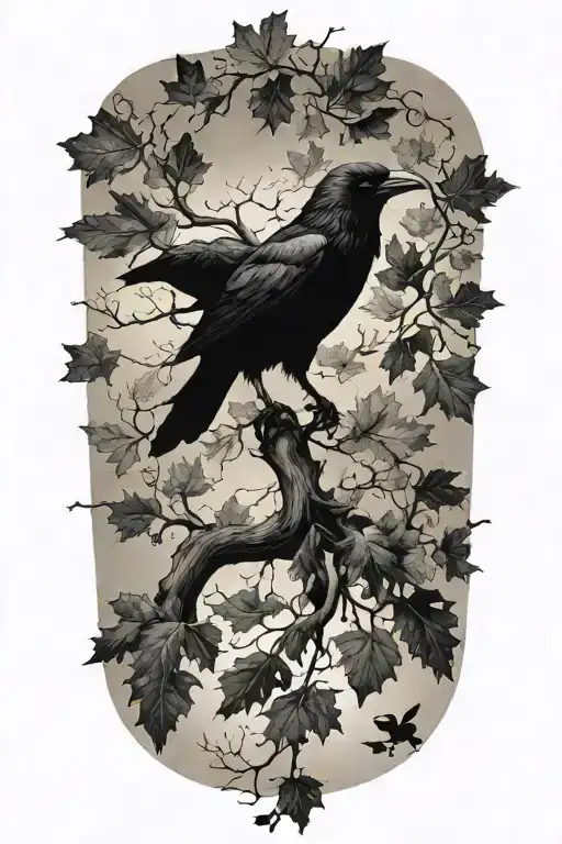 An oak tree branch with leafs morphing into a black crow silhouette tattoo design idea