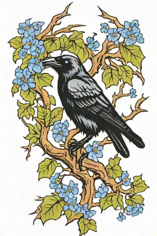 A traditional style tattoo of a black crow sitting on an oak tree branch surrounded by blue cornflowers tattoo design idea