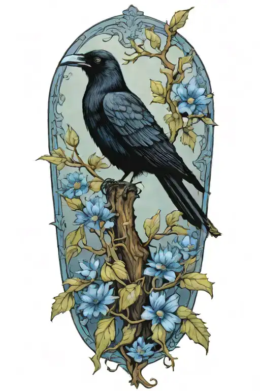 A surreal tattoo of a black crow holding a blue cornflower in its beak, perched on a twisted oak tree branch with acorns scattered around tattoo design idea