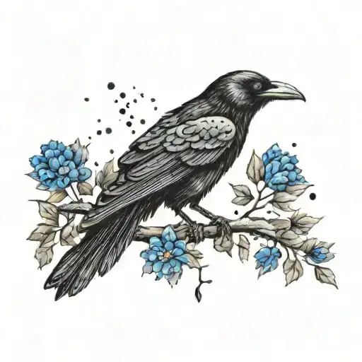 A traditional style tattoo of a black crow sitting on an oak tree branch surrounded by blue cornflowers tattoo design idea
