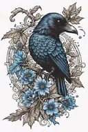 A unique design combining elements of an oak tree branch, a black crow, and a blue cornflower in a harmonious composition tattoo design idea