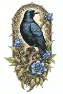 A unique design combining elements of an oak tree branch, a black crow, and a blue cornflower in a harmonious composition tattoo design idea