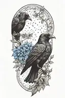 A unique design combining elements of an oak tree branch, a black crow, and a blue cornflower in a harmonious composition tattoo design idea