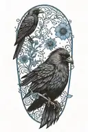 A unique design combining elements of an oak tree branch, a black crow, and a blue cornflower in a harmonious composition tattoo design idea