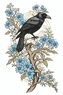A whimsical design of a black crow and blue cornflowers intertwined with oak tree branches in a dreamy landscape tattoo design idea