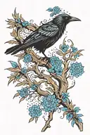 A whimsical design of a black crow and blue cornflowers intertwined with oak tree branches in a dreamy landscape tattoo design idea
