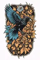 A new-school design of a black crow surrounded by cornflowers and oak tree leaves tattoo design idea