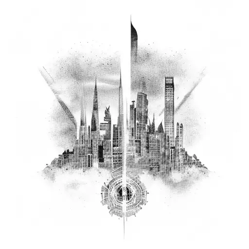 A Coldplay album cover incorporated into a city skyline tattoo design idea