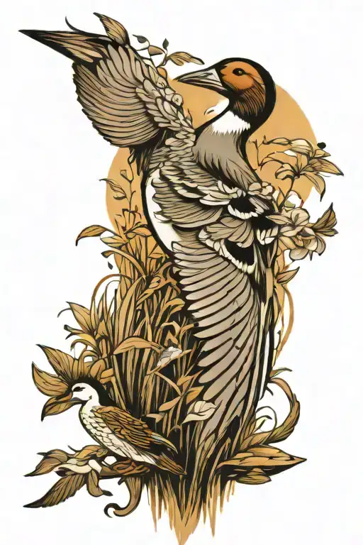 pintail duck with birds in wetland tattoo design idea