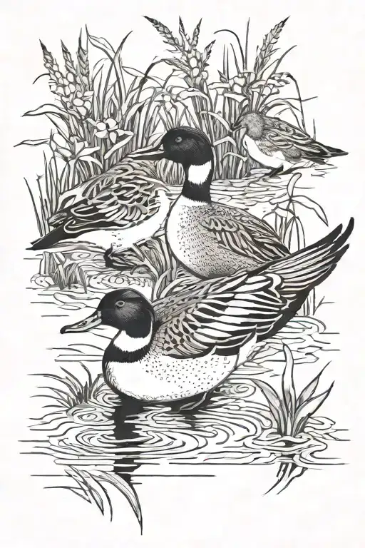 pintail duck with birds in wetland tattoo design idea